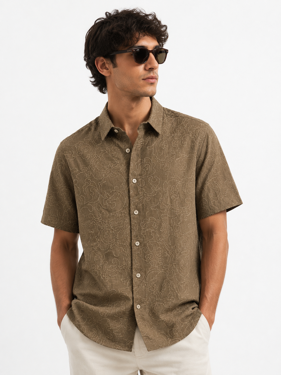 embroidery half sleeve coffee clay shirt