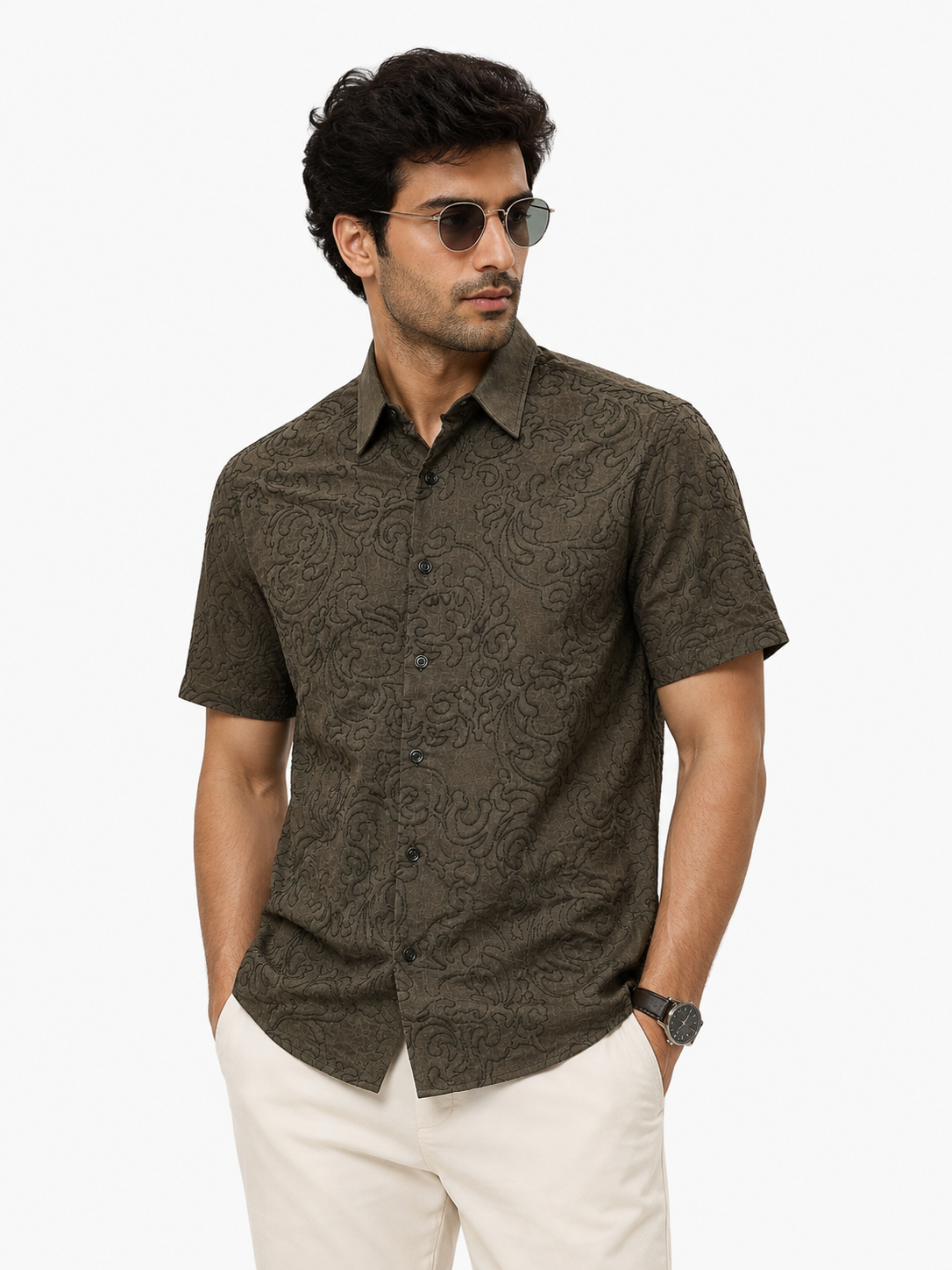 embroidery half sleeve olive stone shirt