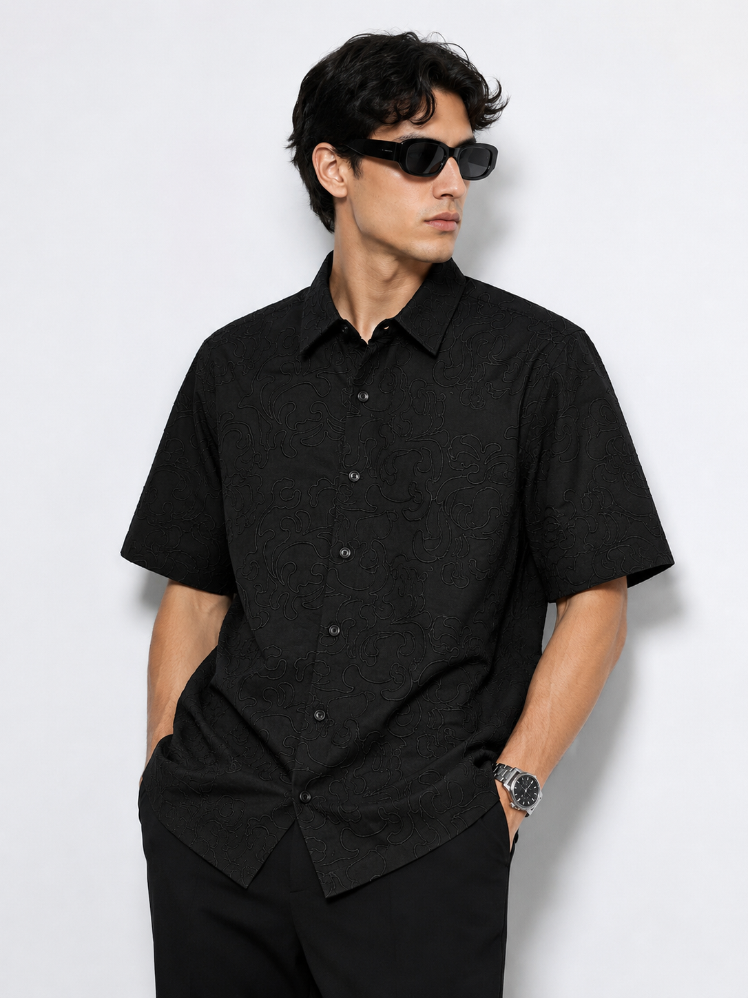 embroidery half sleeve black shirt