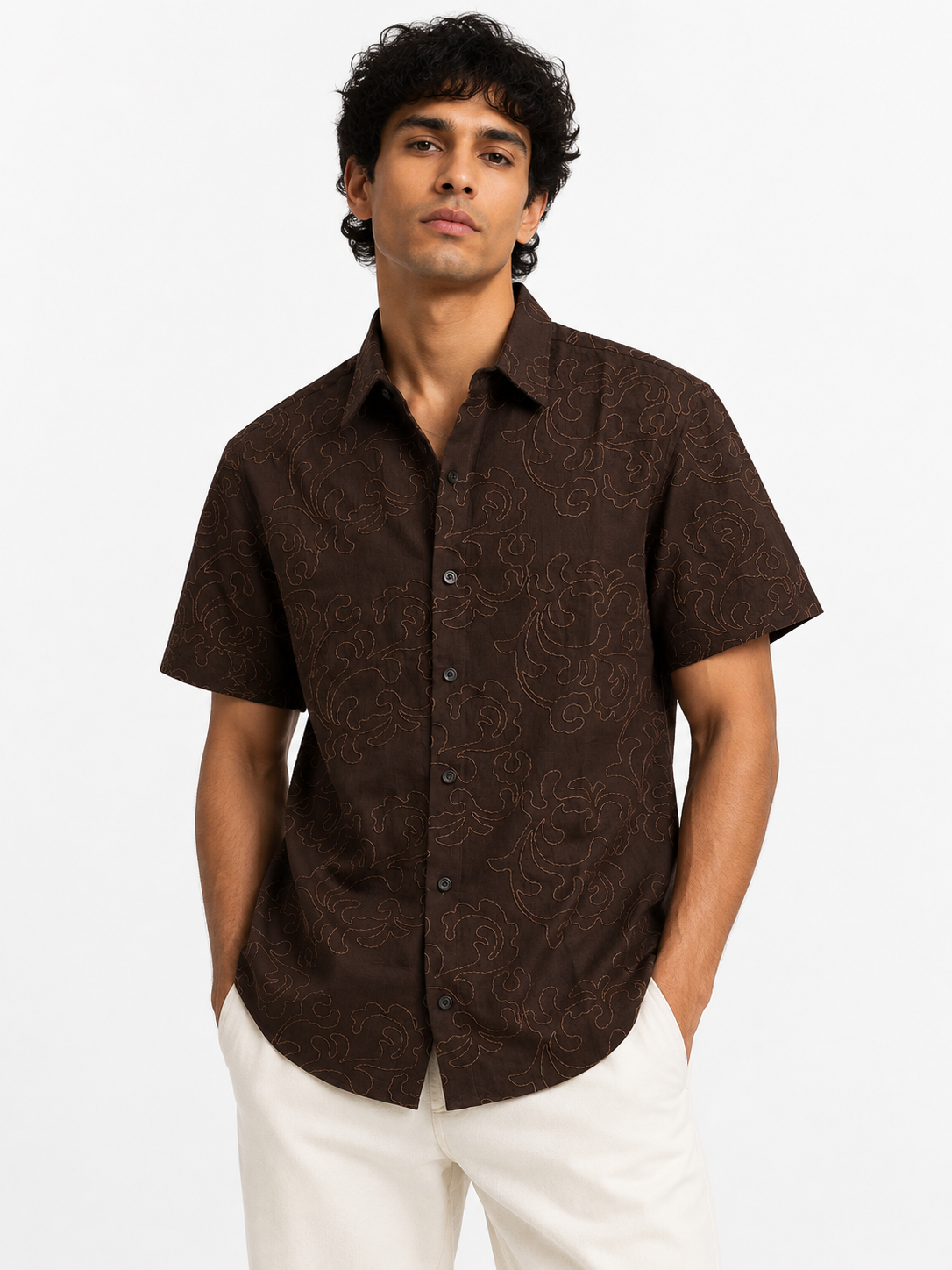 embroidery half sleeve vintage coffee shirt