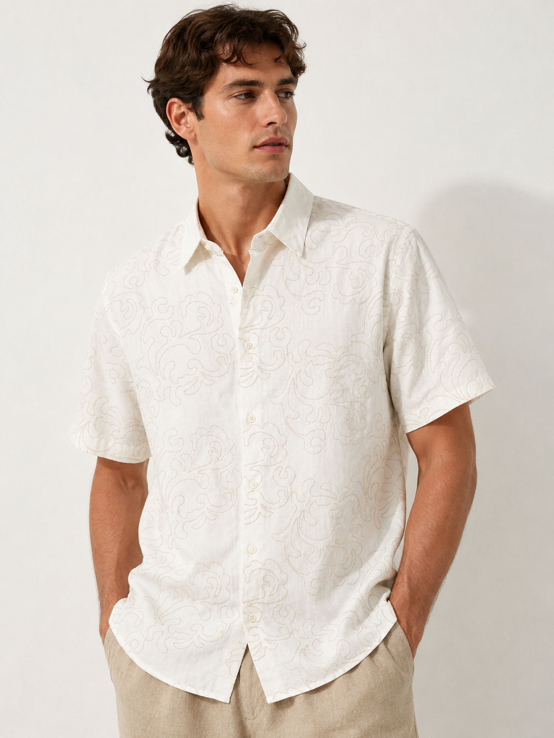 embroidery half sleeve white shirt