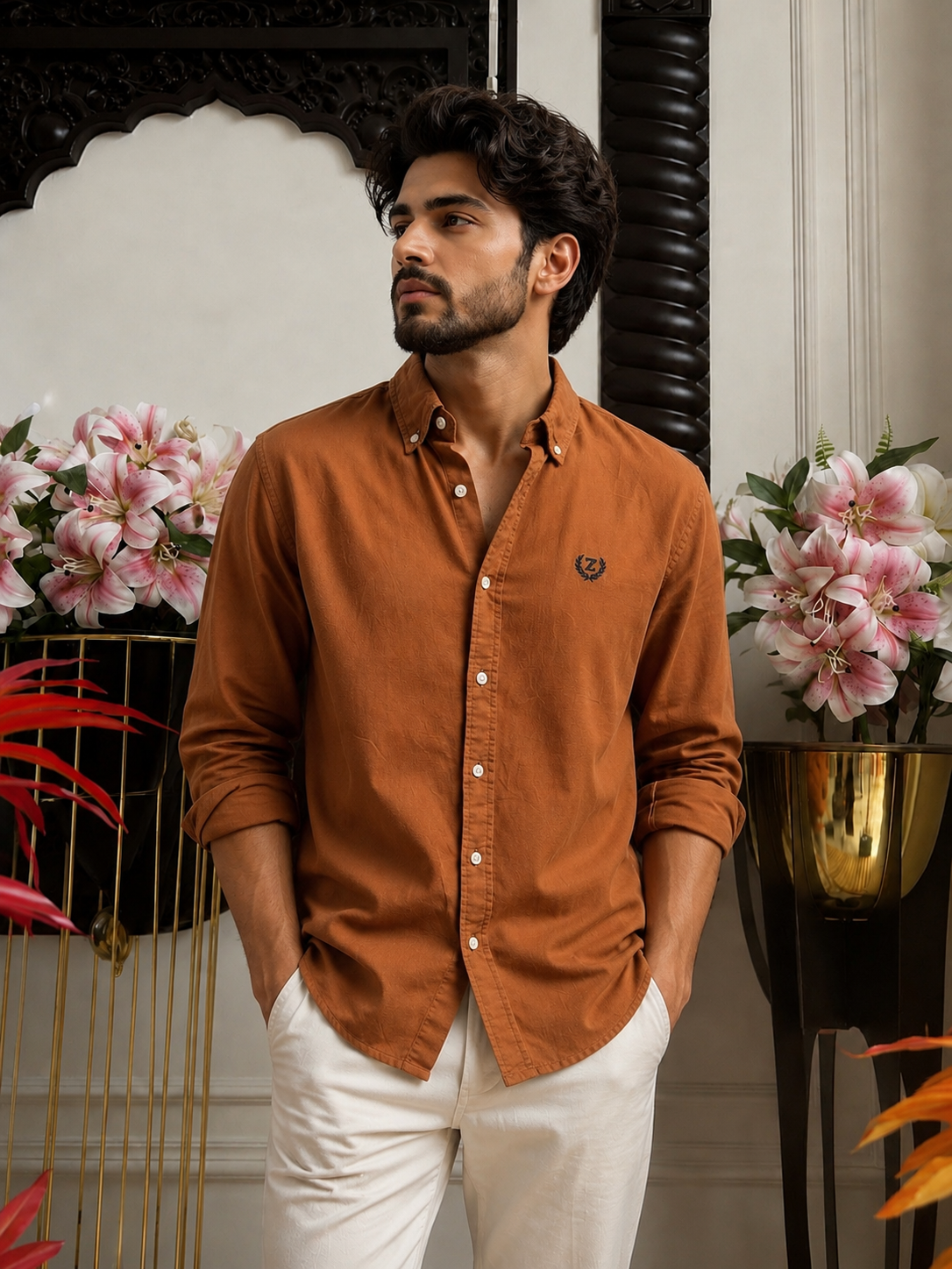 Plain Linen Rust Colour Full Sleeve Shirt