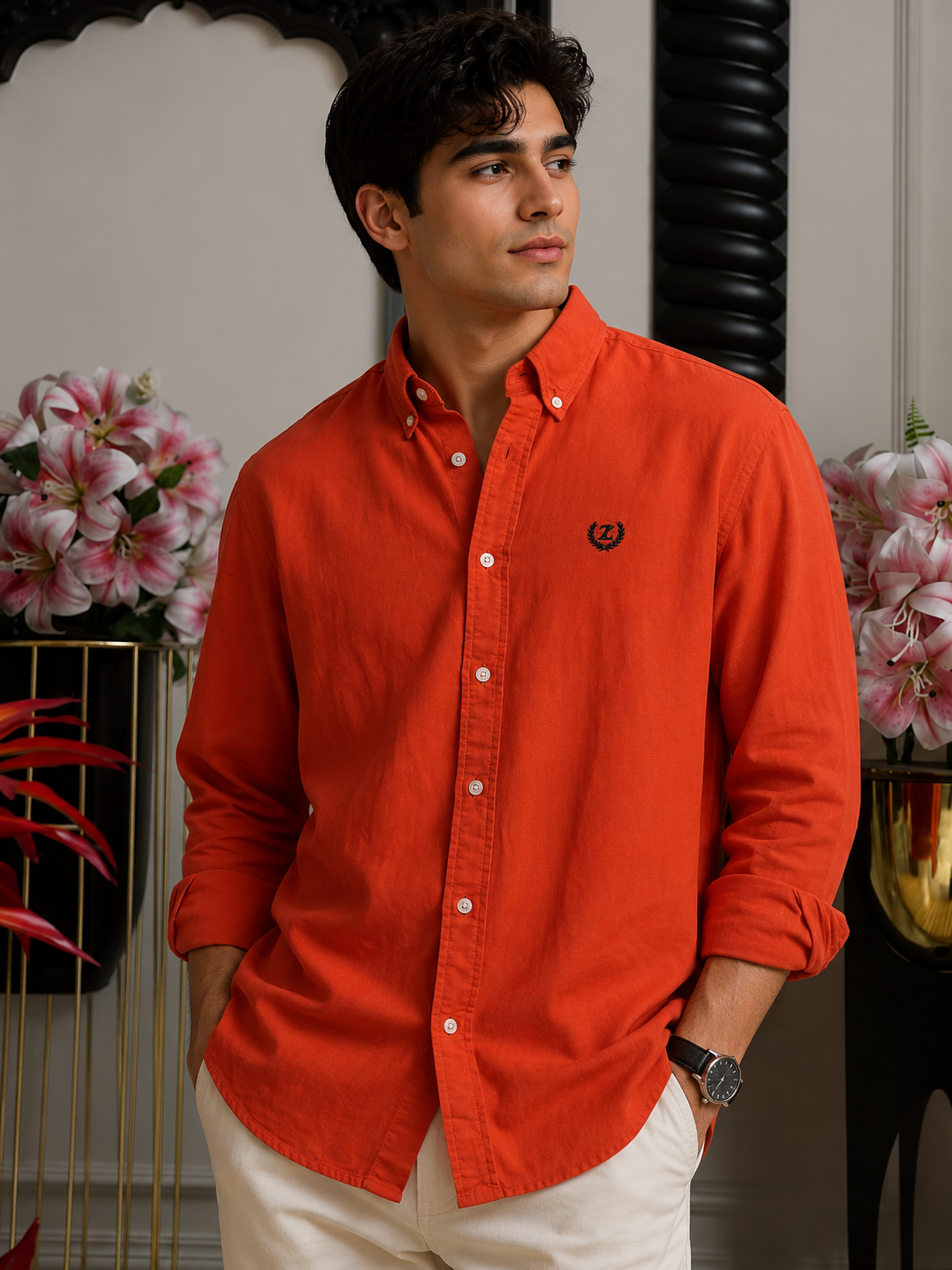 Plain Linen Orange Colour Full Sleeve Shirt