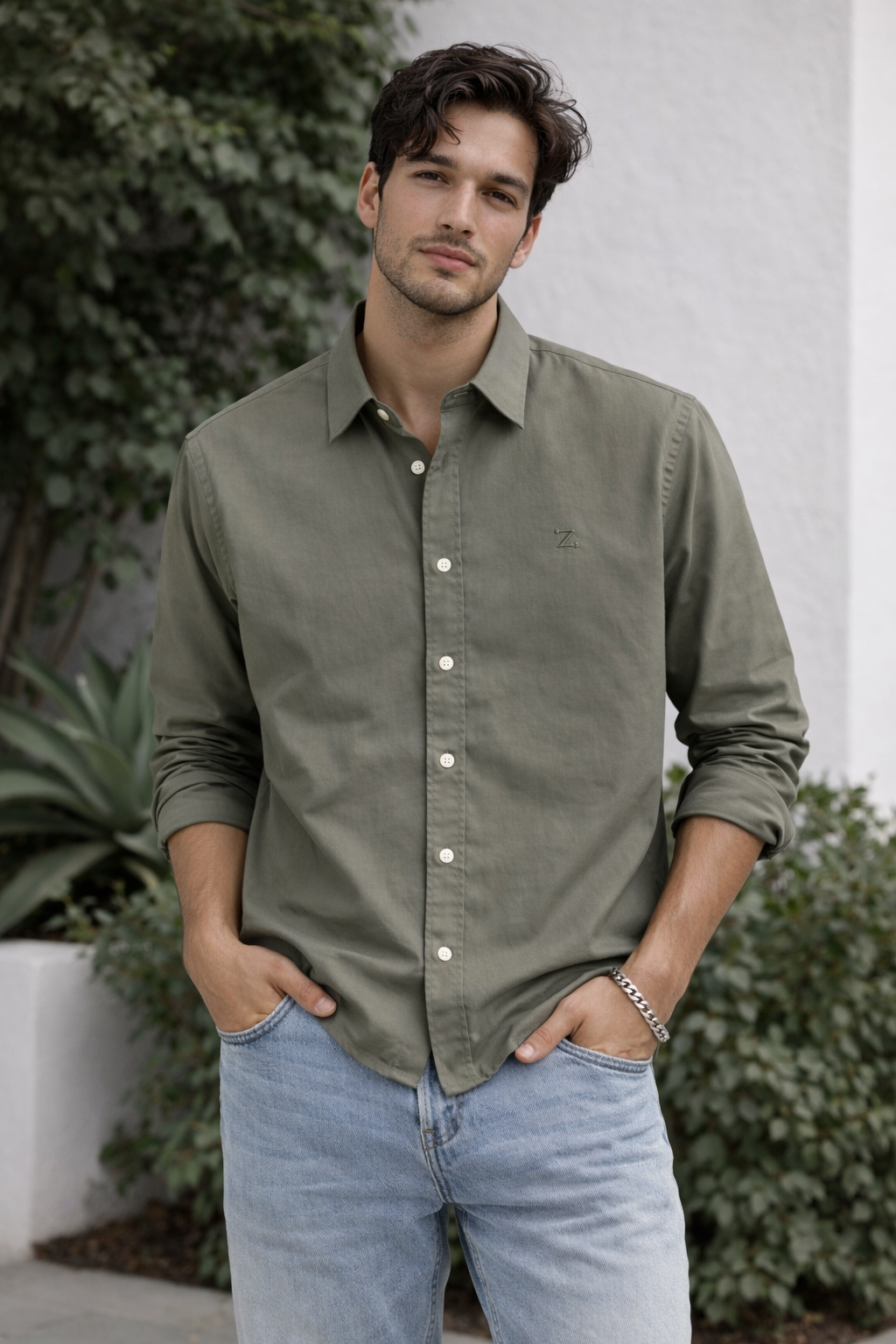 INDIZEN DUSTY OLIVE GRAY PLAIN SHIRT