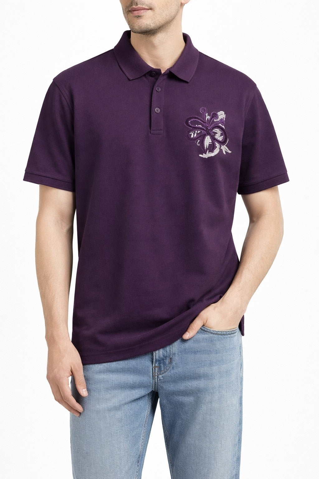 purple polo neck T-shirt with floral print