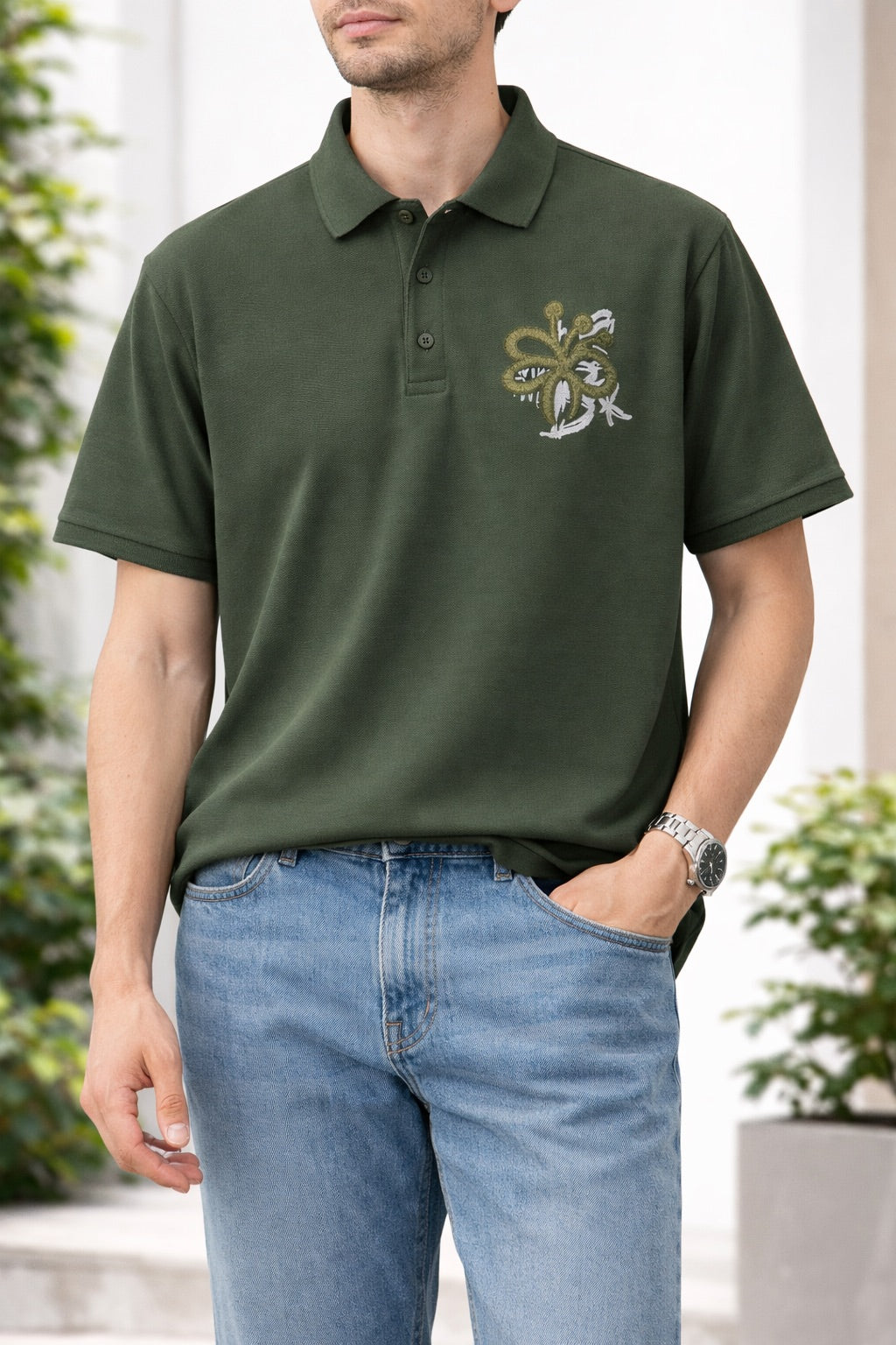olive green polo neck T-shirt with floral print