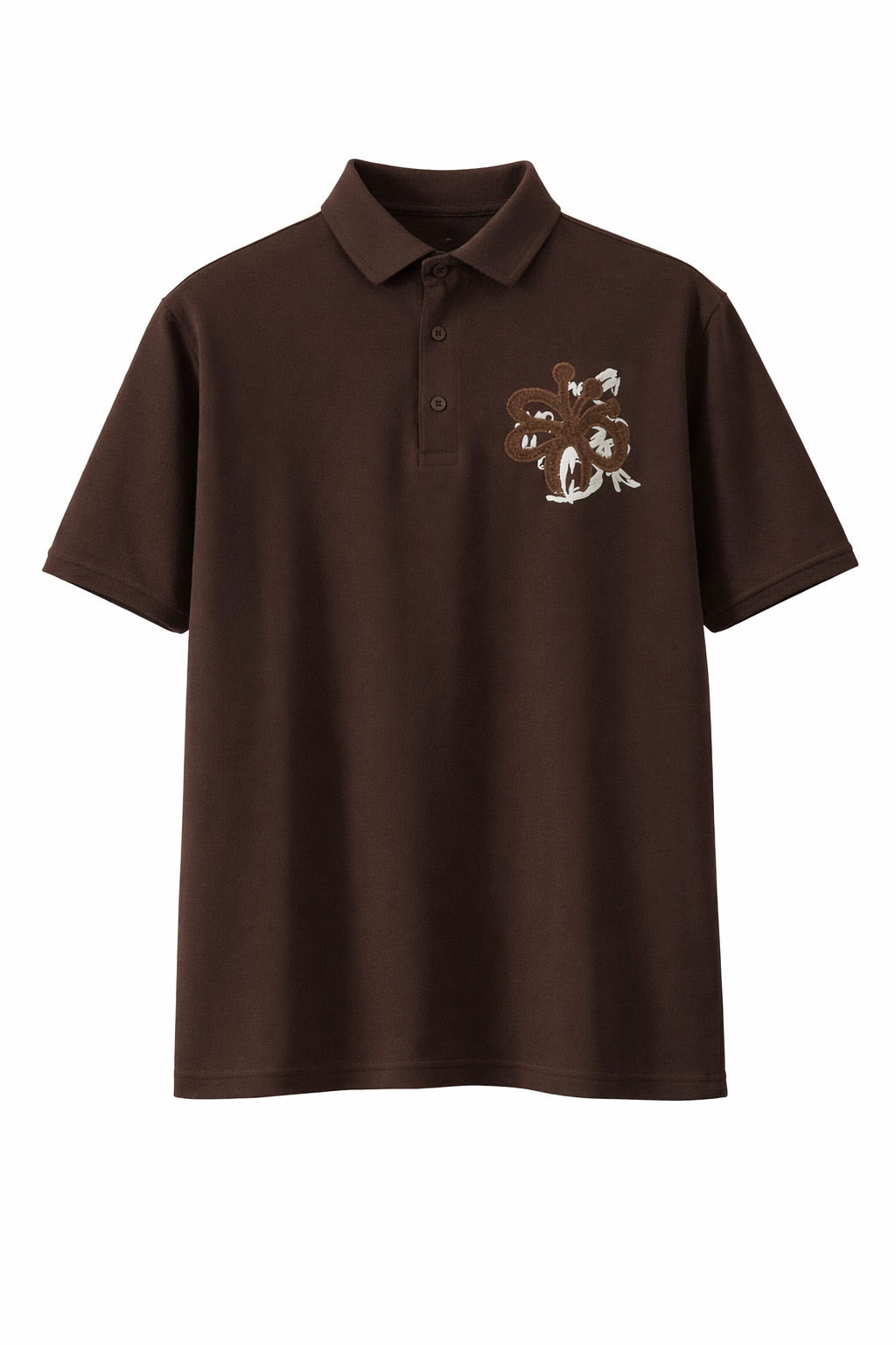 Solid Brown Polo Neck T-Shirt with Floral Print