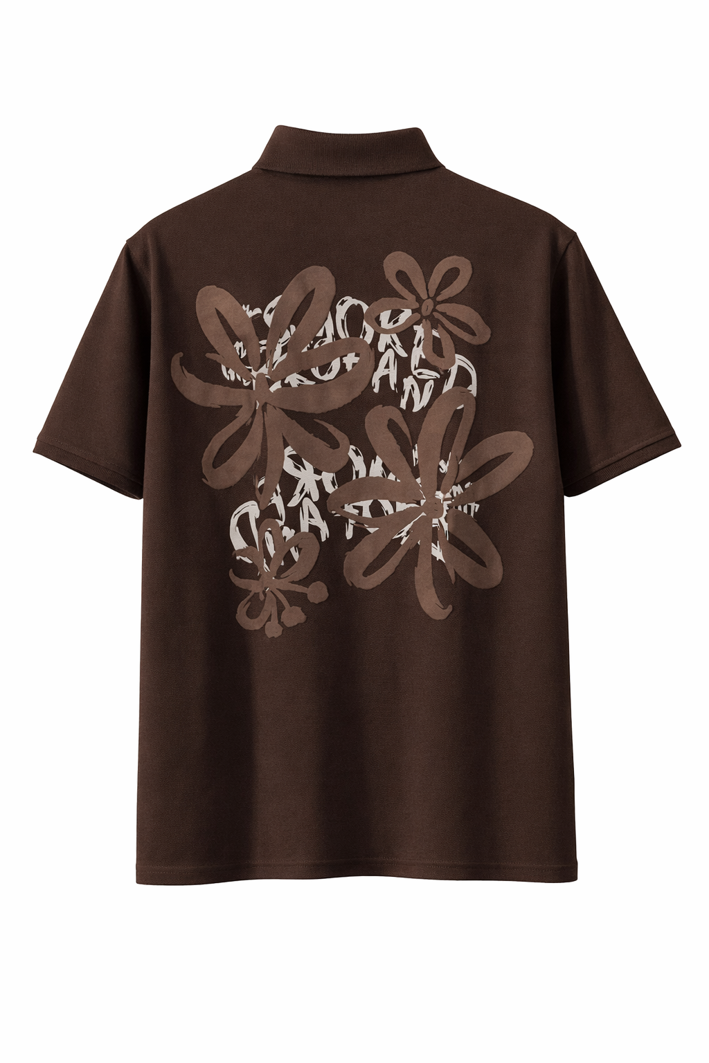 Solid Brown Polo Neck T-Shirt with Floral Print