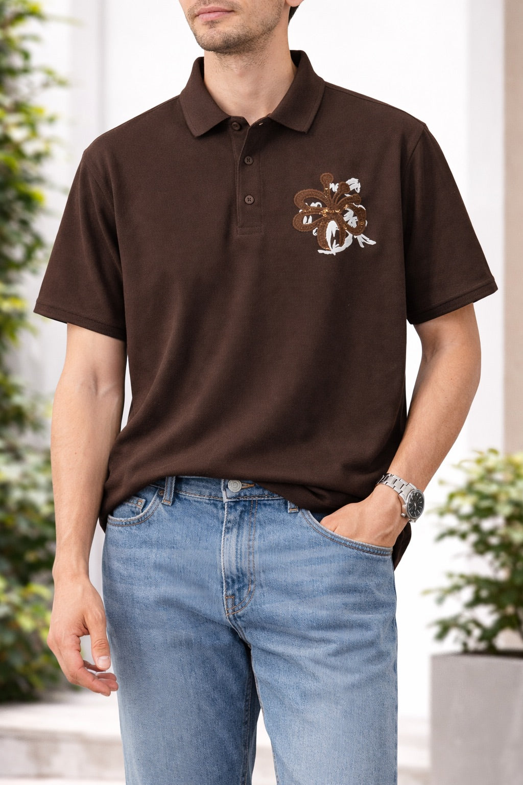 Solid Brown Polo Neck T-Shirt with Floral Print