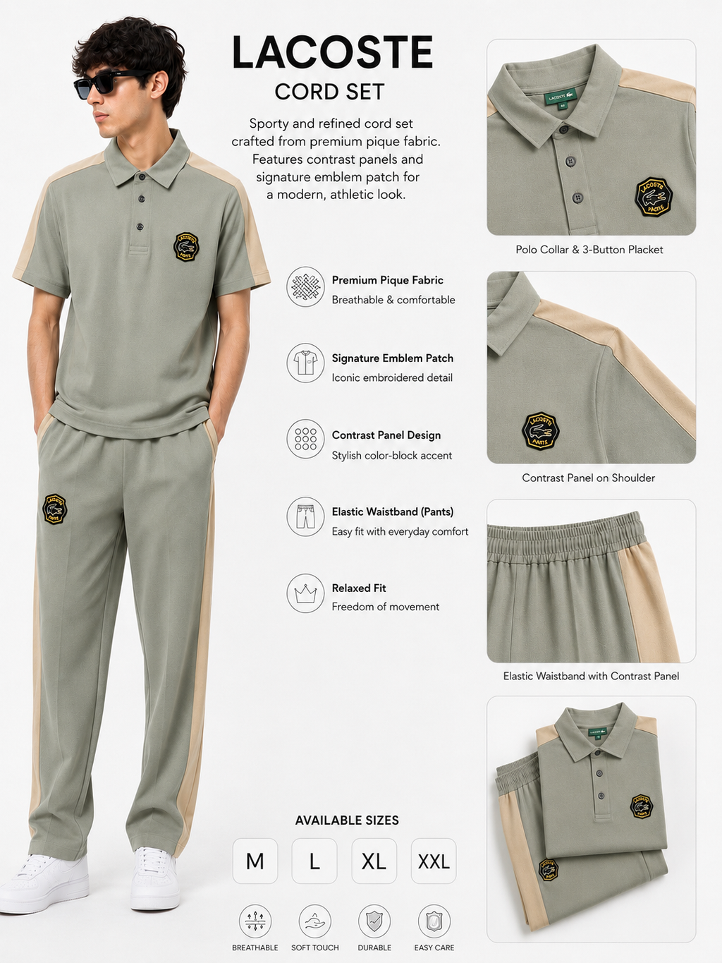 Men's Polo Co-Ord set - Sage green & beige